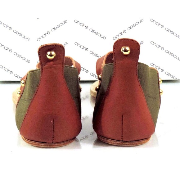Andre Assous Tresor T- Strap Flat Thong Sandals Leather Green / Cognac Size 10 - Picture 6 of 9